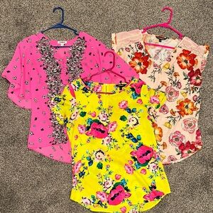 Express Floral womens Tops Set - Pink, Yellow, Cream button gold zipper lace